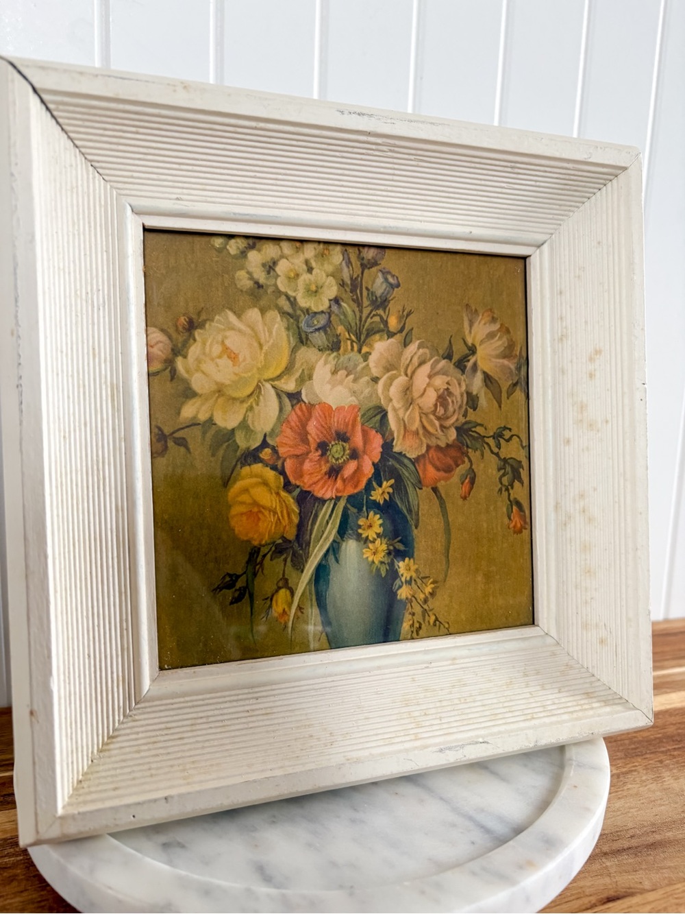 Vintage-Style Framed Floral Still Life Print Off White Frame 8.75”
